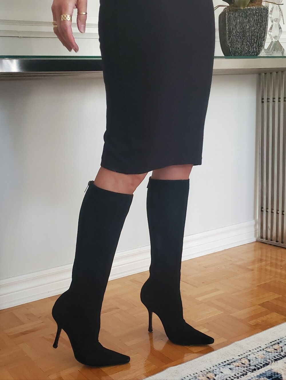 Jimmy Choo Pointy Toe Back Zip Tall Suede Black Heeled Boots Vintage